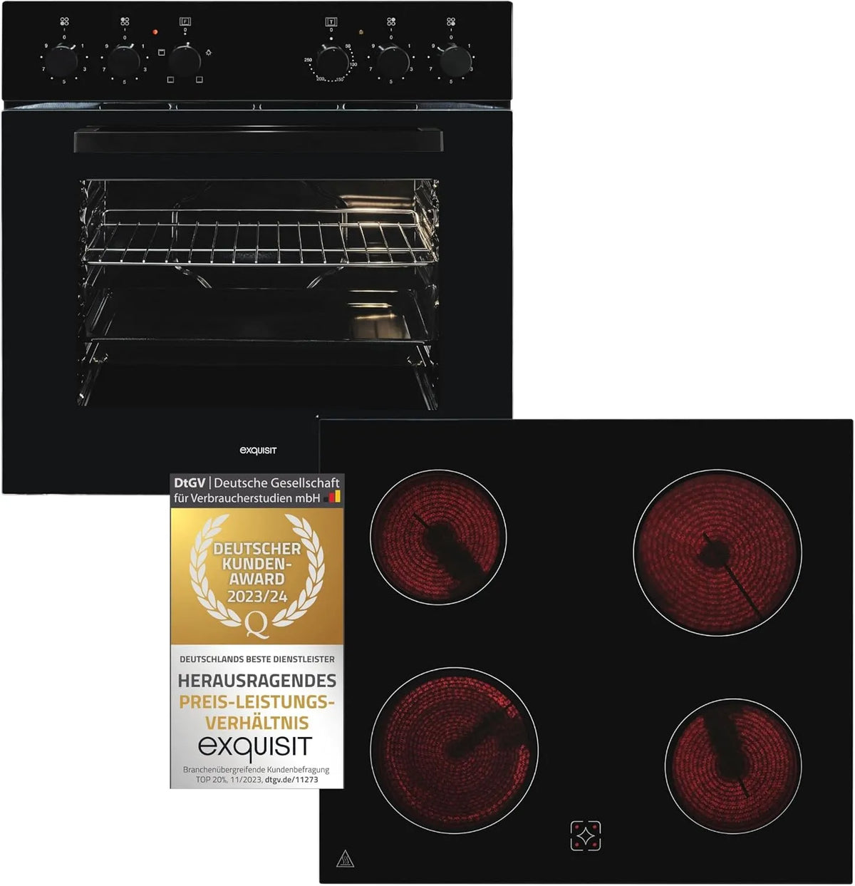 Exquisit Kochfeld EHE246-020-Set, Fassungsvermögen 59,0 l Garraum, Herd-Set 60 cm, Herd-Set in Schwarz, Energieeffizienzklasse A, Glaskeramik