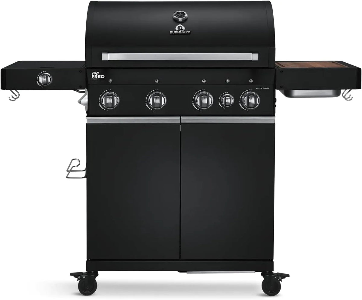 Gasgrill BURNHARD, 4-Brenner inklusive. BACKBURNER, 900°C Infrarot-Keramikbrenner, Seitenkochfeld, Gusseisenrost, Abdeckhaube, Big FRED Deluxe