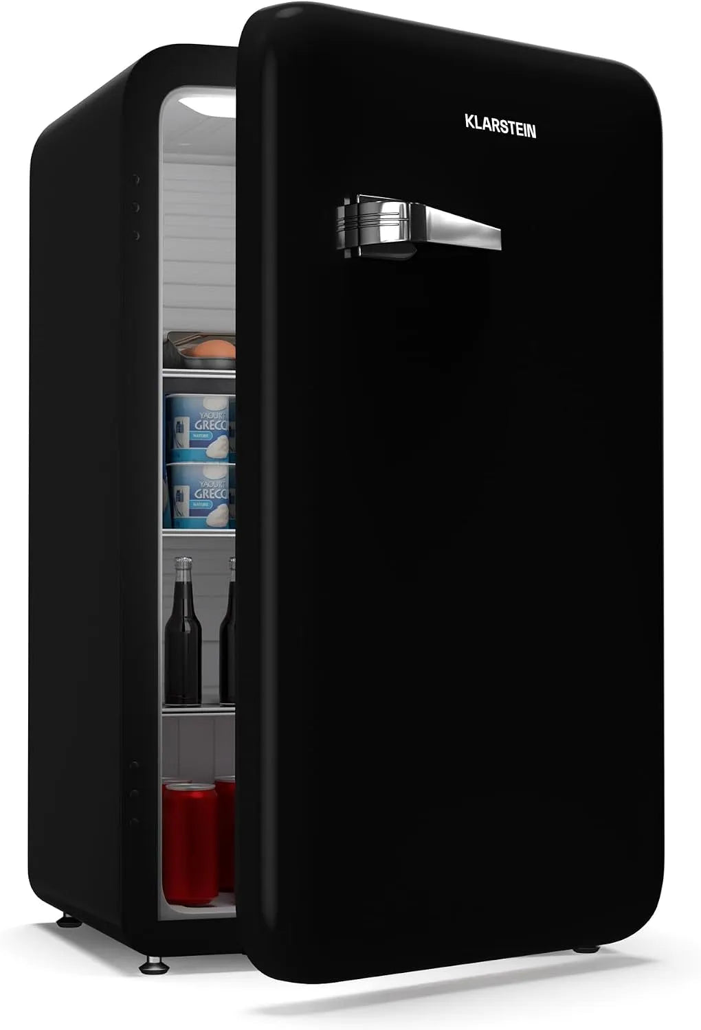 Klarstein Kühlschrank, Fassungsvermögen 112L, Audrey Evo Retro, Wendetür, in Schwarz, Leise 40 dB, 0–10 °C Thermostat, Ohne Gefrierfach