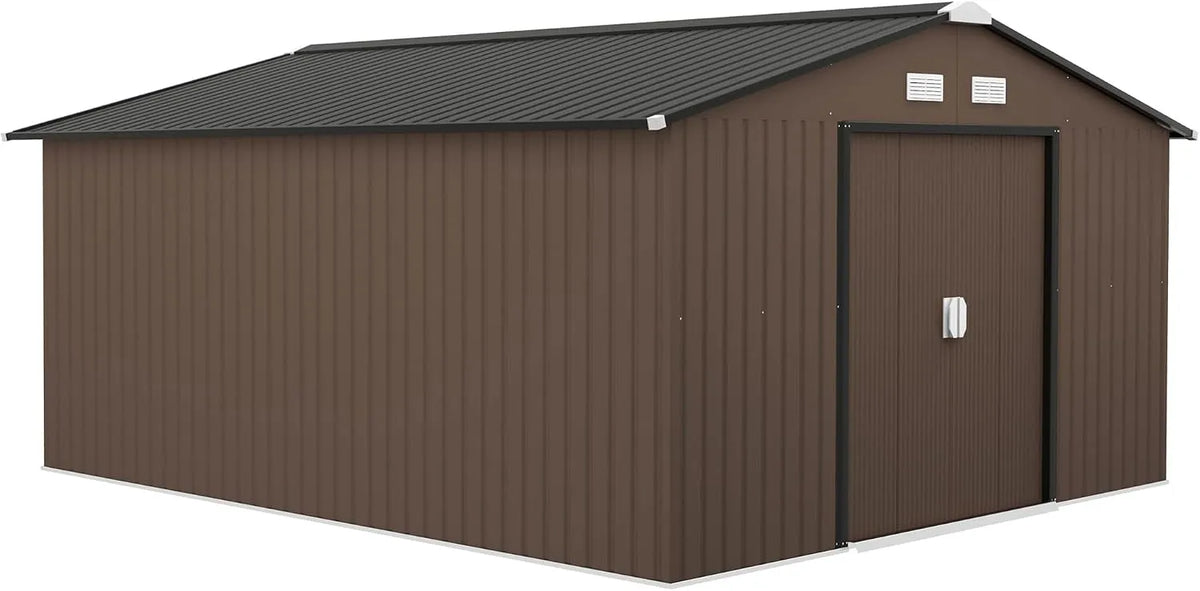 Outsunny Braun Gerätehaus, Maße 386 x 340 x 200 cm, Gartenhaus mit Satteldach, Fundament, für Garten, 12,4 m², Geräteschuppen aus Verzinkter Stahl