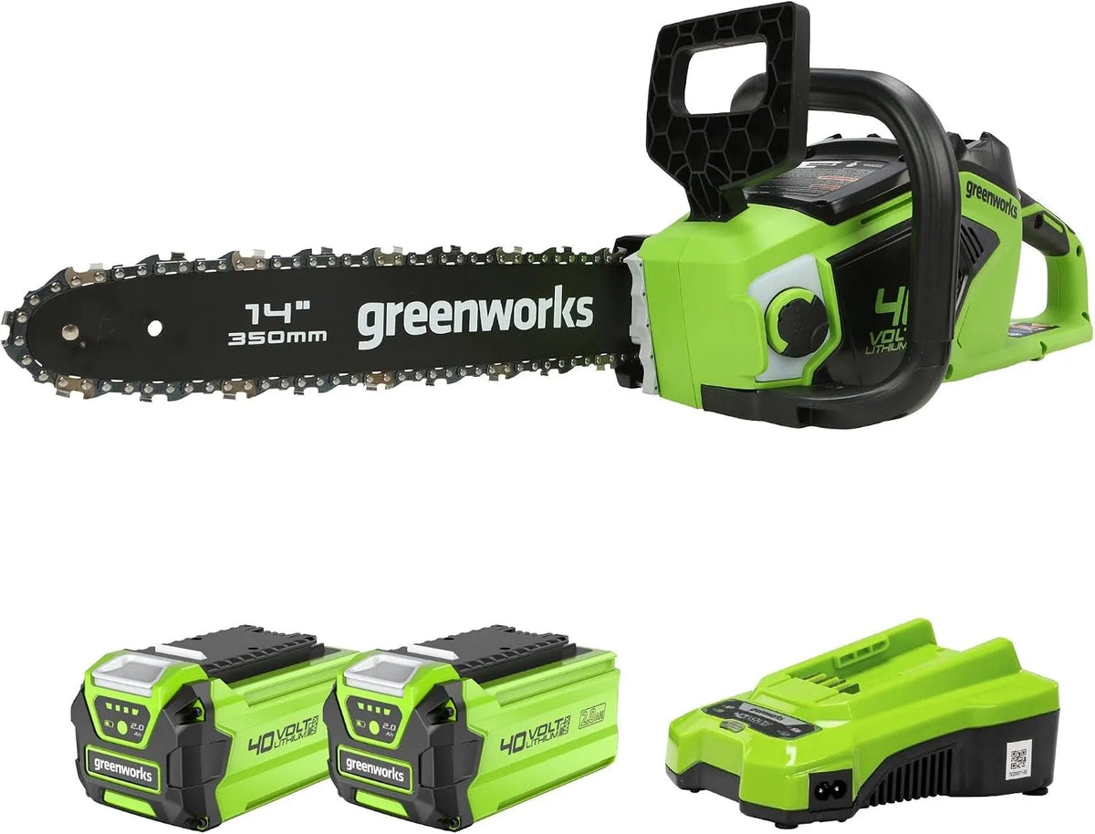 Greenworks Modell 14-Zoll, Akku Kettensäge mit bürstenlosem Motor GD40CS15, Breite 35 cm, Gewicht 3,5 kg, 12 m, Blattlänge, s Kettengeschwindigkeit