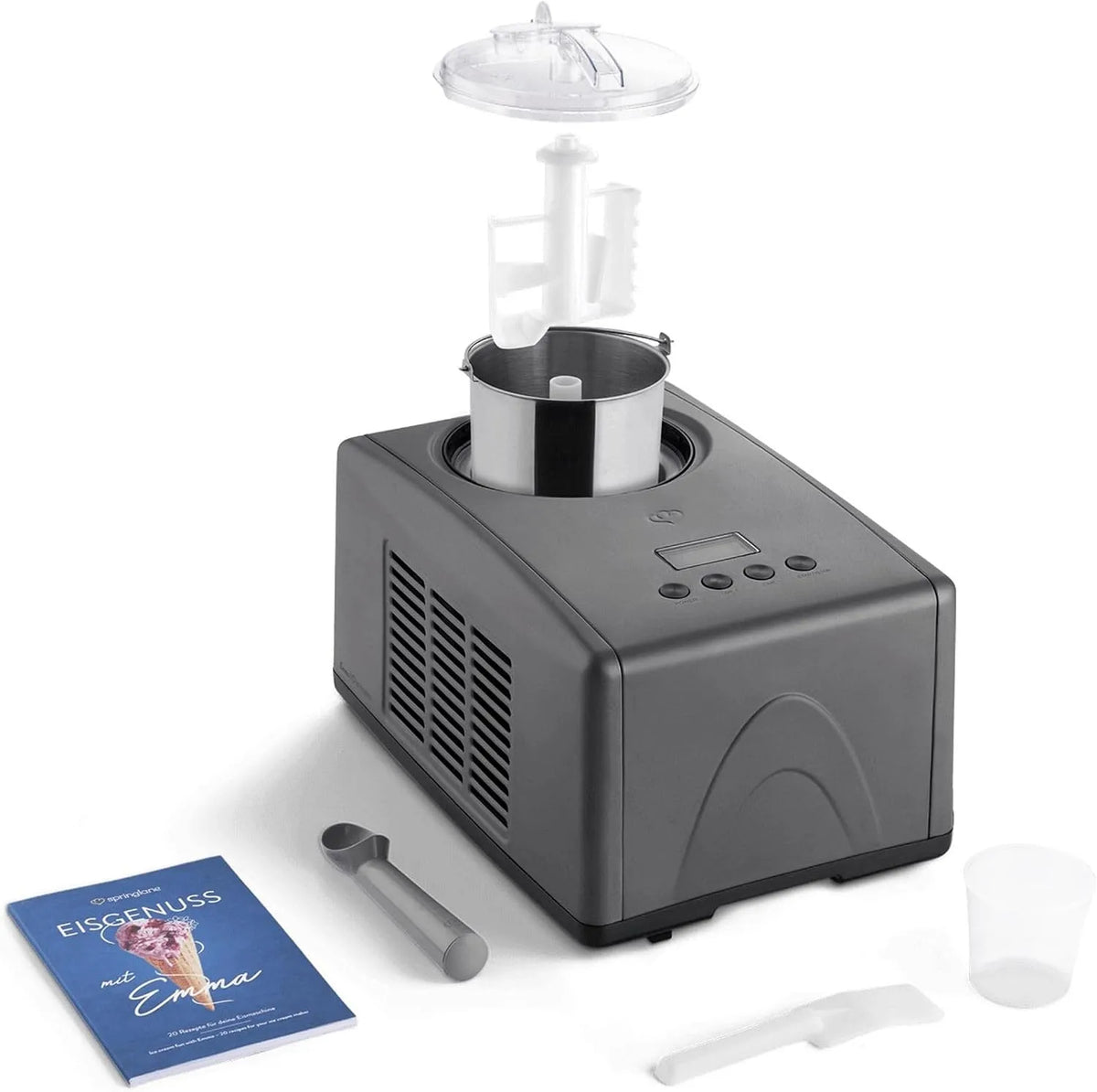 Eismaschine SPRINGLANE, Emma 1,5 L mit selbstkühlendem Kompressor 150 W, aus Edelstahl mit entnehmbarem Eisbehälter, inklusive. Rezeptheft, Anthrazit