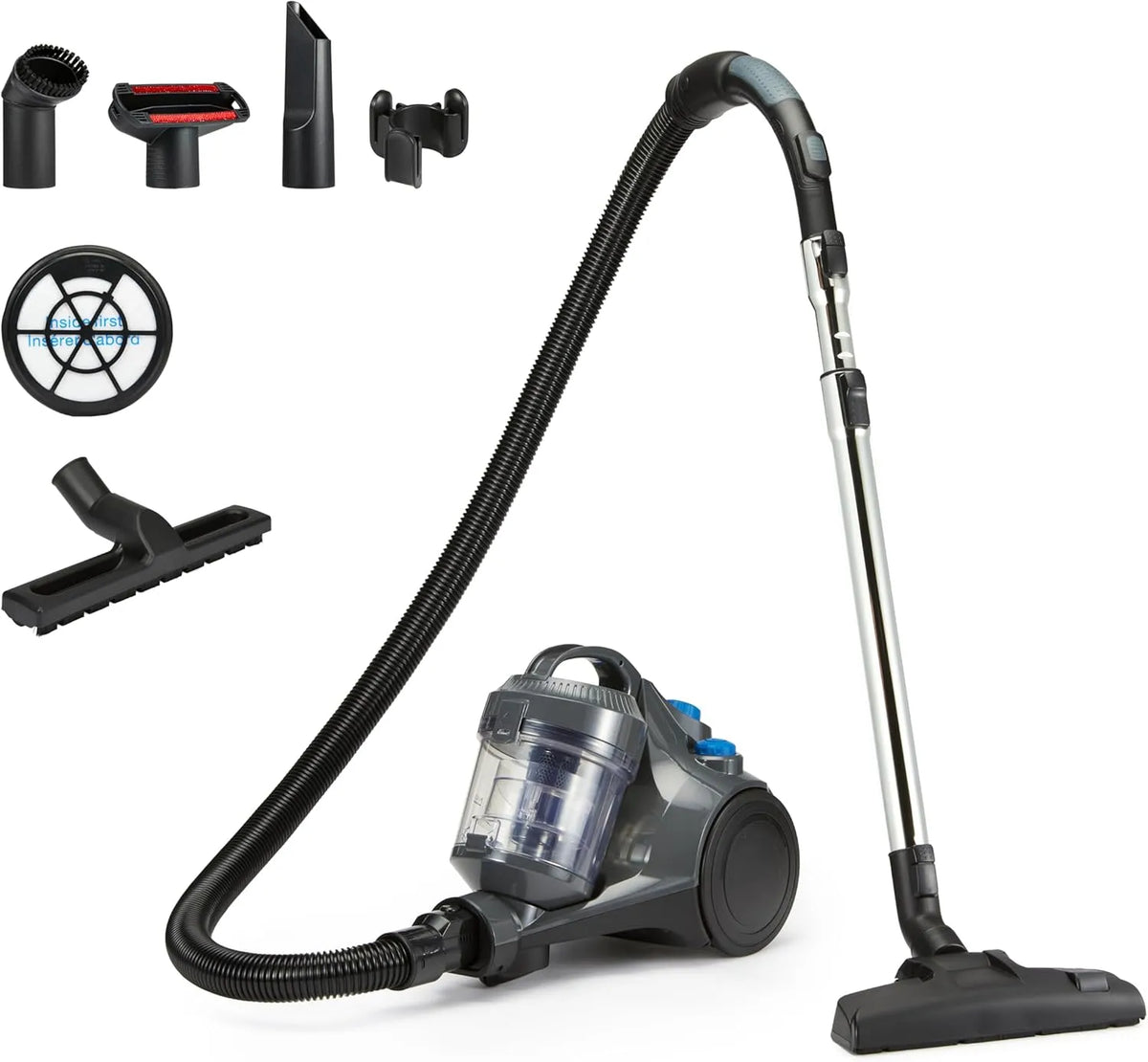 Bodenstaubsauger 3-Fach-Aktionsdüse Amazon Basics, HEPA-Filter, ohne Beutel 1.3L Kompakt Leichtgewicht mit, Leistung 850W, Farbe Grau