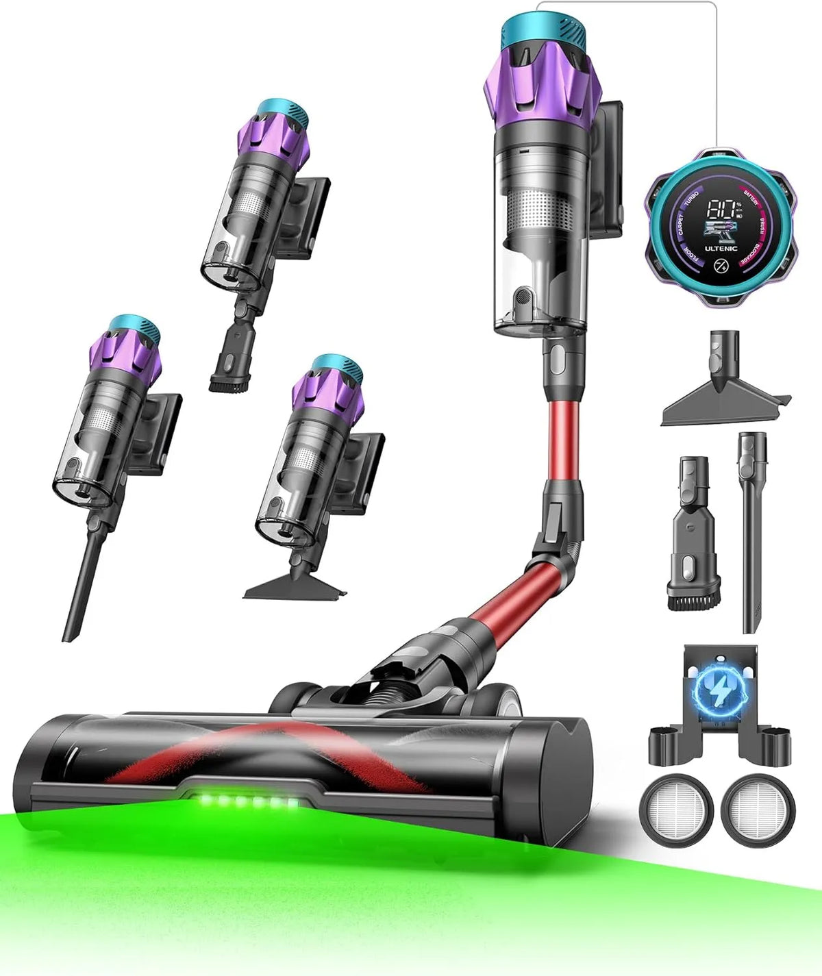 Staubsauger Ultenic Akku, 55000Pa, Leistung 600W, 80Min, Fassungsvermögen 1,6L Kabellos mit Multi-Zyklon-Filtration, Touchscreen, Anti-Tangle-Bürste