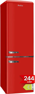 Amica Kühlschrank, Retro in freistehender Ausführung, mit Gefrierfach 244 l LED Beleuchtung Glasablagen Chrom Flaschengitter 181 x 55 x 62 cm Rot
