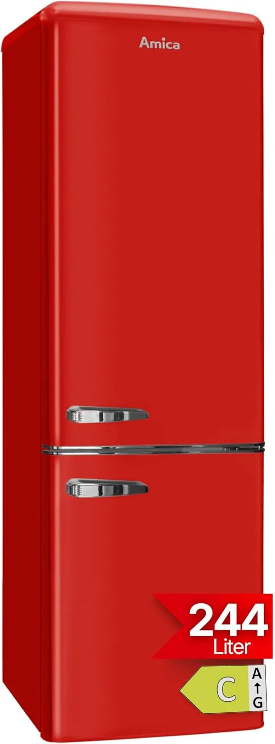 Amica Kühlschrank, Retro in freistehender Ausführung, mit Gefrierfach 244 l LED Beleuchtung Glasablagen Chrom Flaschengitter 181 x 55 x 62 cm Rot