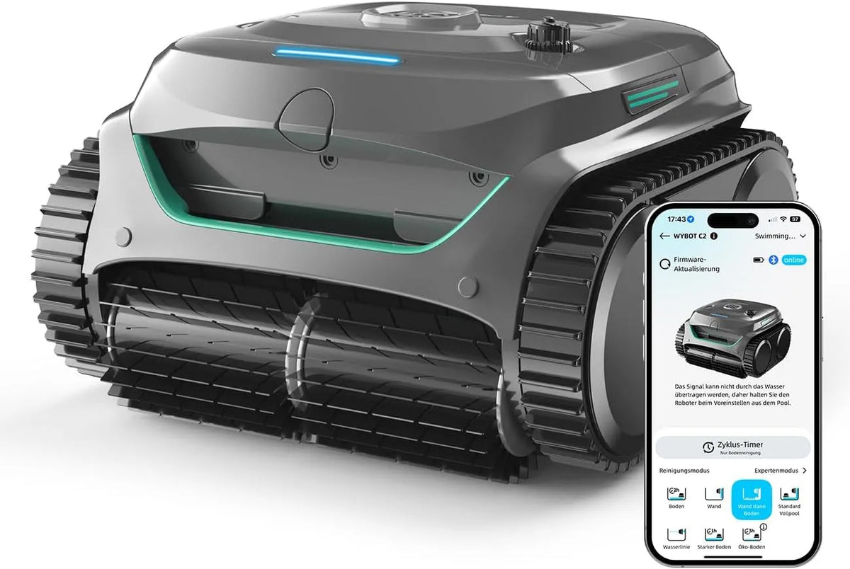 Poolroboter, 3-Fach Motor, Doppelfiltration, Wandkletter & Wasserlinie, Farbe Grau-Grün Farbe Grau, 180 Min, Starke Saugkraft, App