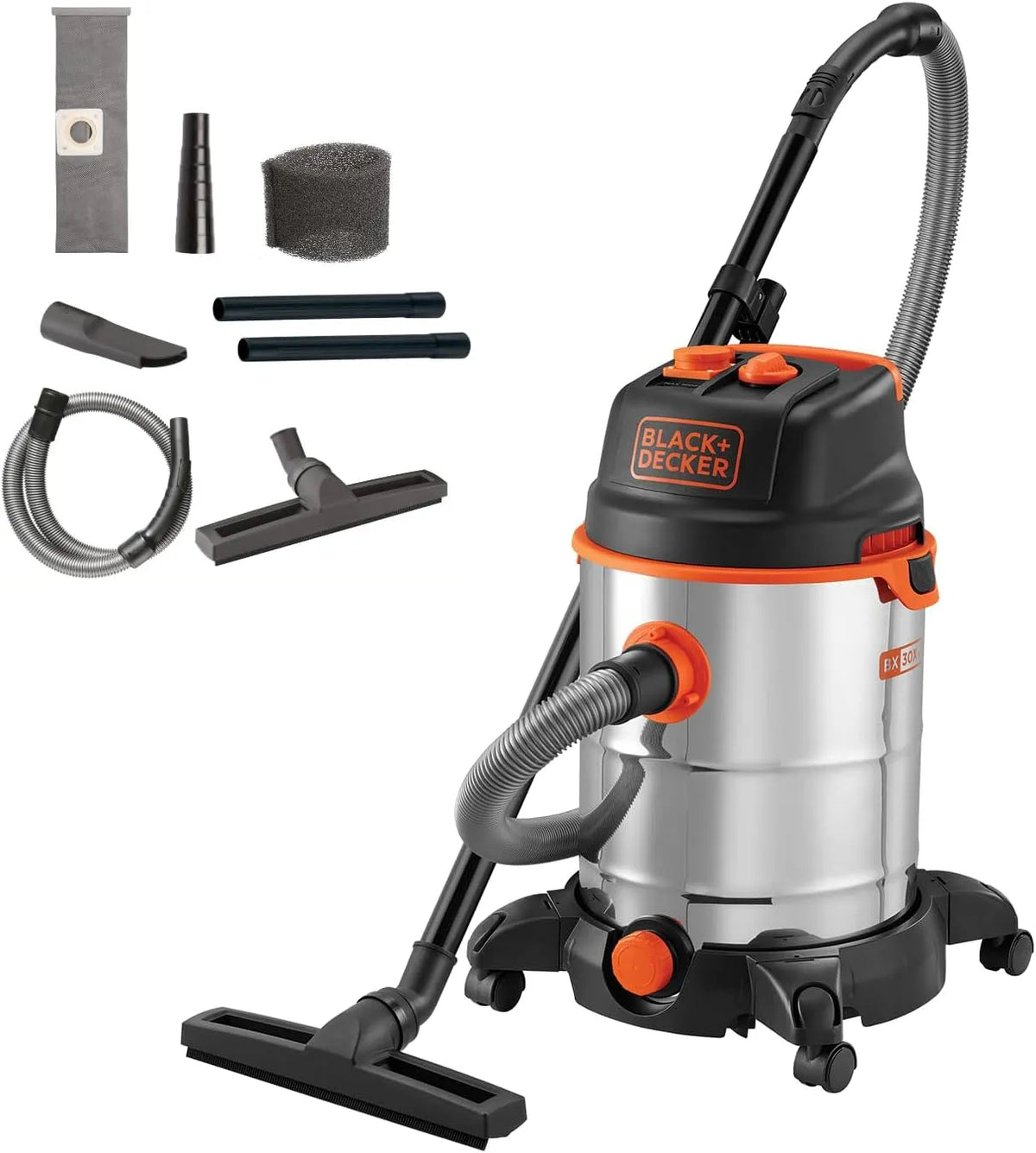Black+Decker Nass-/Trockensauger BXVC30XTDE, Leistung 1600 W, Fassungsvermögen 30 Liter, Nass und mit Integrierte Steckdose für Elektrowerkzeug
