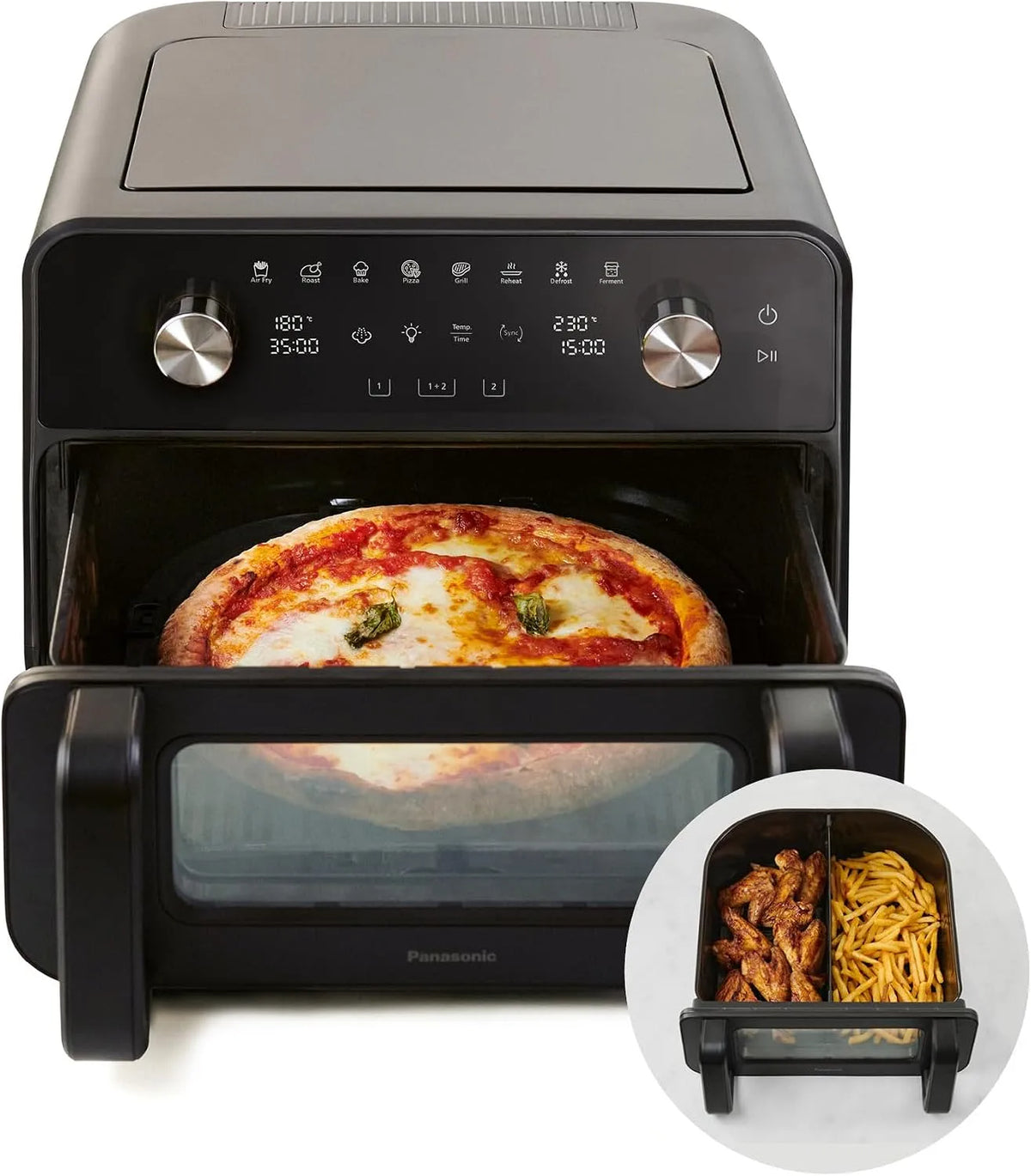 Panasonic Modell, Herausnehmbarer Trennsteg für 2 Garzonen NF-BC1000, 30–230 °C, Fassungsvermögen 9,6 Liter, Flex Air Fryer mit Sichtfenster