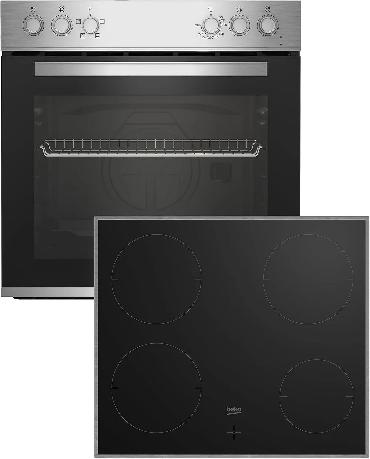 Beko Kochfeld BBUC12020X, SteamShine-Reinigung, Multifunktionsofen mit 4 Heizarten und Glaskeramik, Einbau-Herd-Set, Edelstahl, in Schwarz