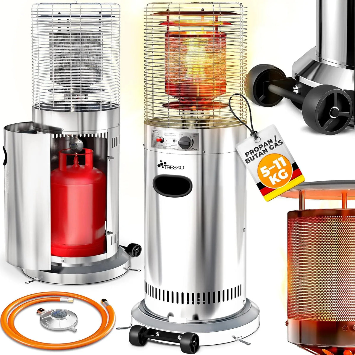 Gas mit Rollen TRESKO Heizstrahler, Outdoor Terrassenheizer für 5 & 11 kg Gasflaschen, Balkon & Garten, Silber, Gas 11 kW mit Rollen