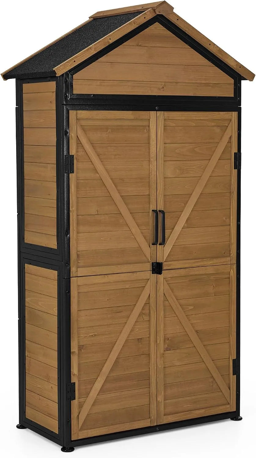 Gartenhaus 2736, Maße 45x90x165 cm, Holz Metgallgestell Wetterfest, Geräteschuppen mit 2 Bewegliche Regale, Gerätehaus Outdoor, Natur