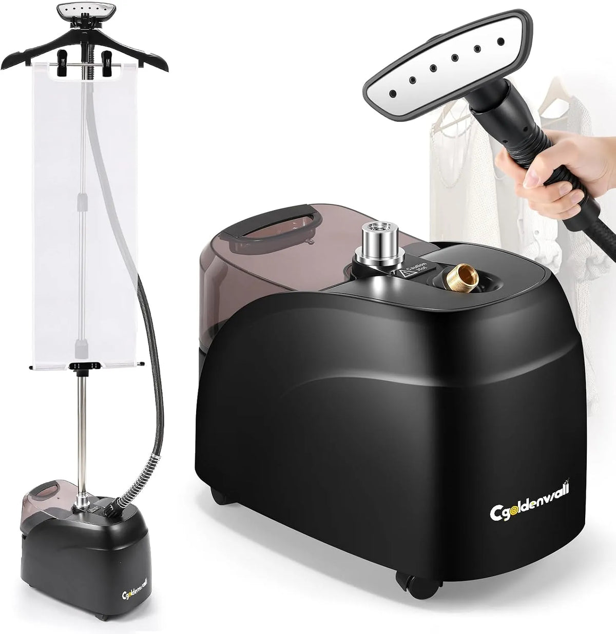 Dampfglätter 45s, Schnelles Aufheizen, CGOLDENWALL 2000W Vertikales, Fassungsvermögen 3.2L Abnehmbarer Wassertank, mit Zubehör & Höhenverstellbar