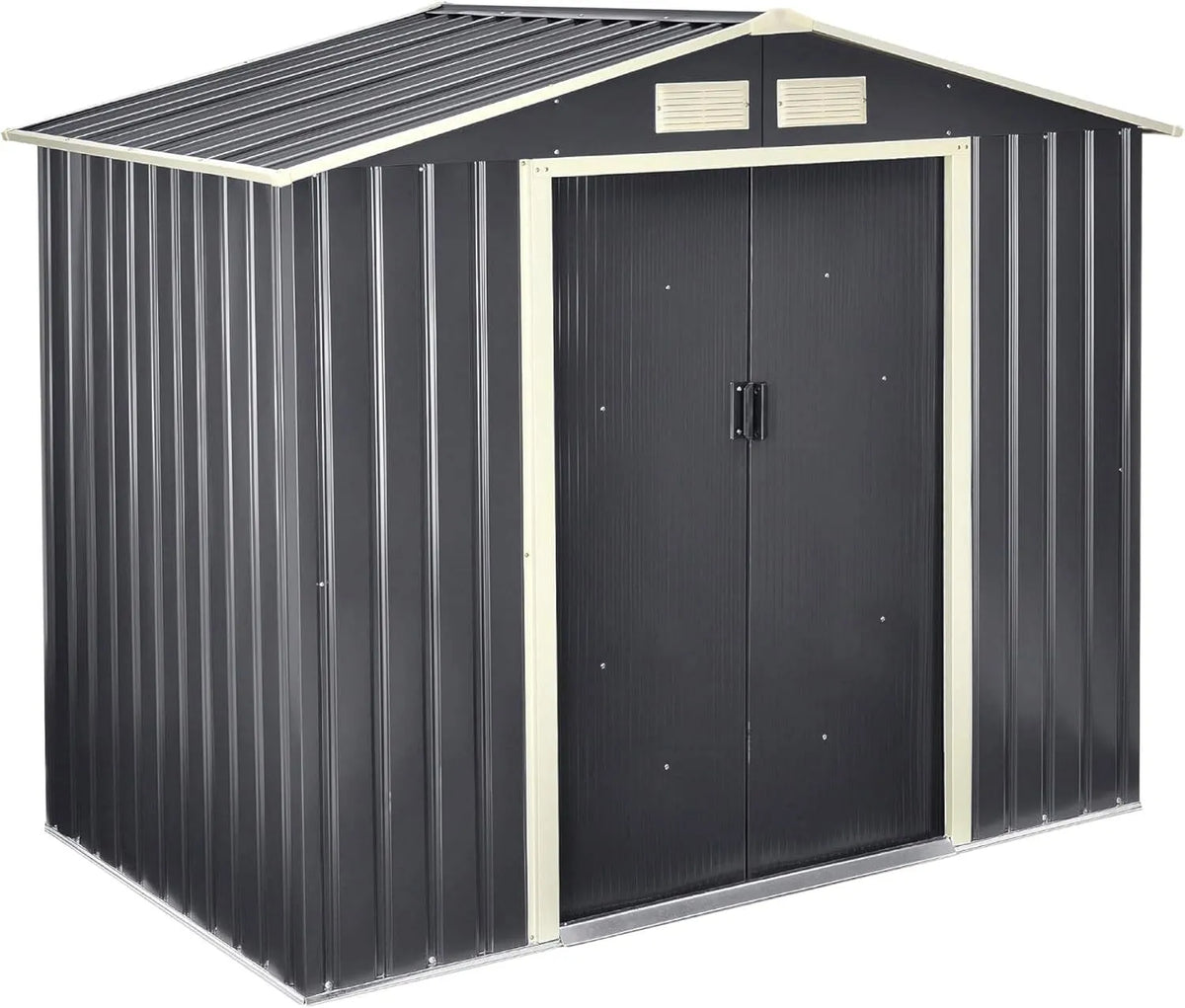 Geräteschuppen, mit Satteldach Metallrahmen Schuppen aus Stahlblech Abschließbar Gerätehaus 2 Schiebetür Dunkelgrau, 213x127x185cm Gartenhaus 4 m³