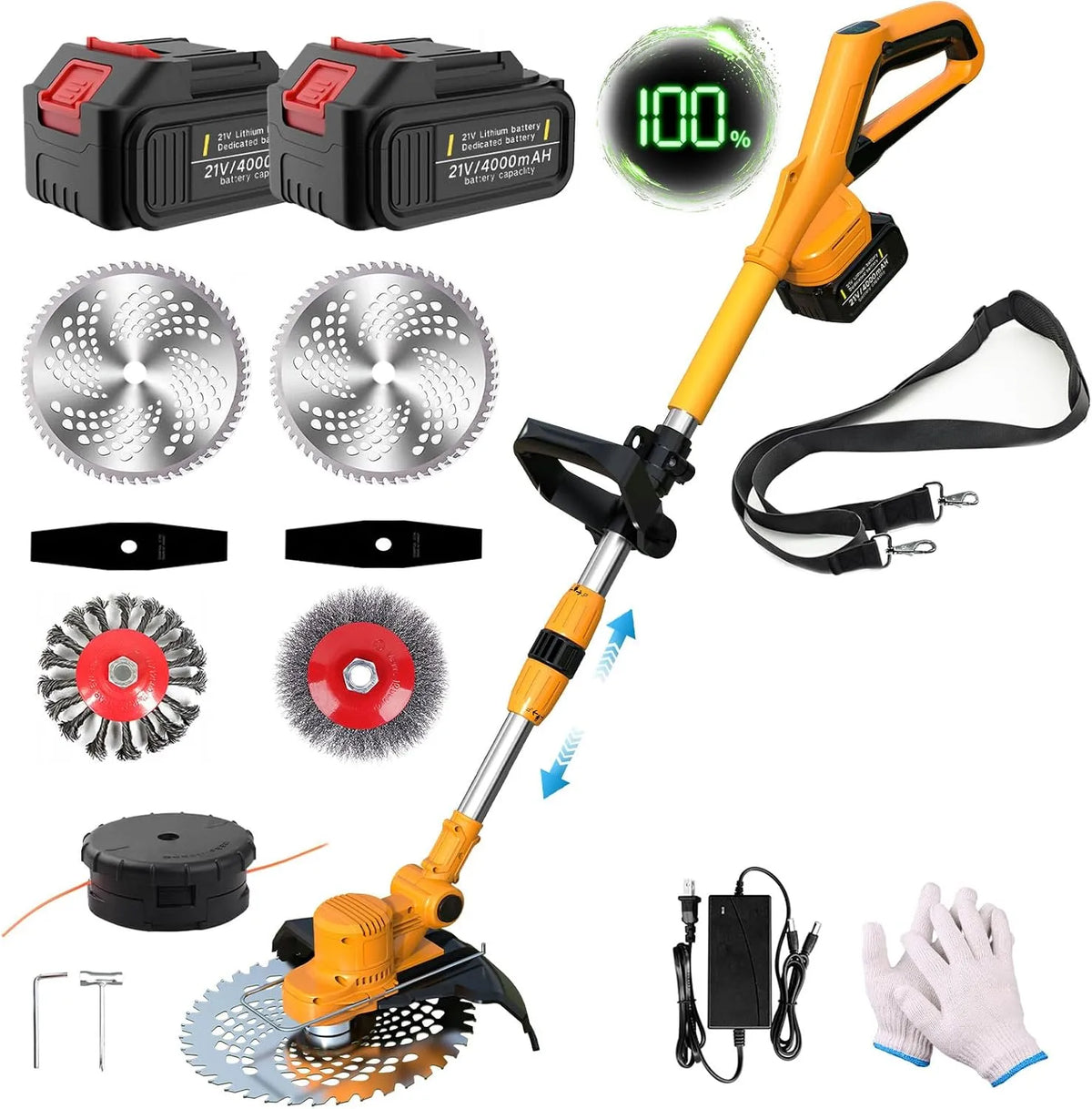 Rasentrimmer Akku, mit 2×4.0AH -Rasenkantenschneider, Elektro-Trimmer Verstellbarer Teleskop-Führungsholm für Garten, orange, mit 21v, Hof