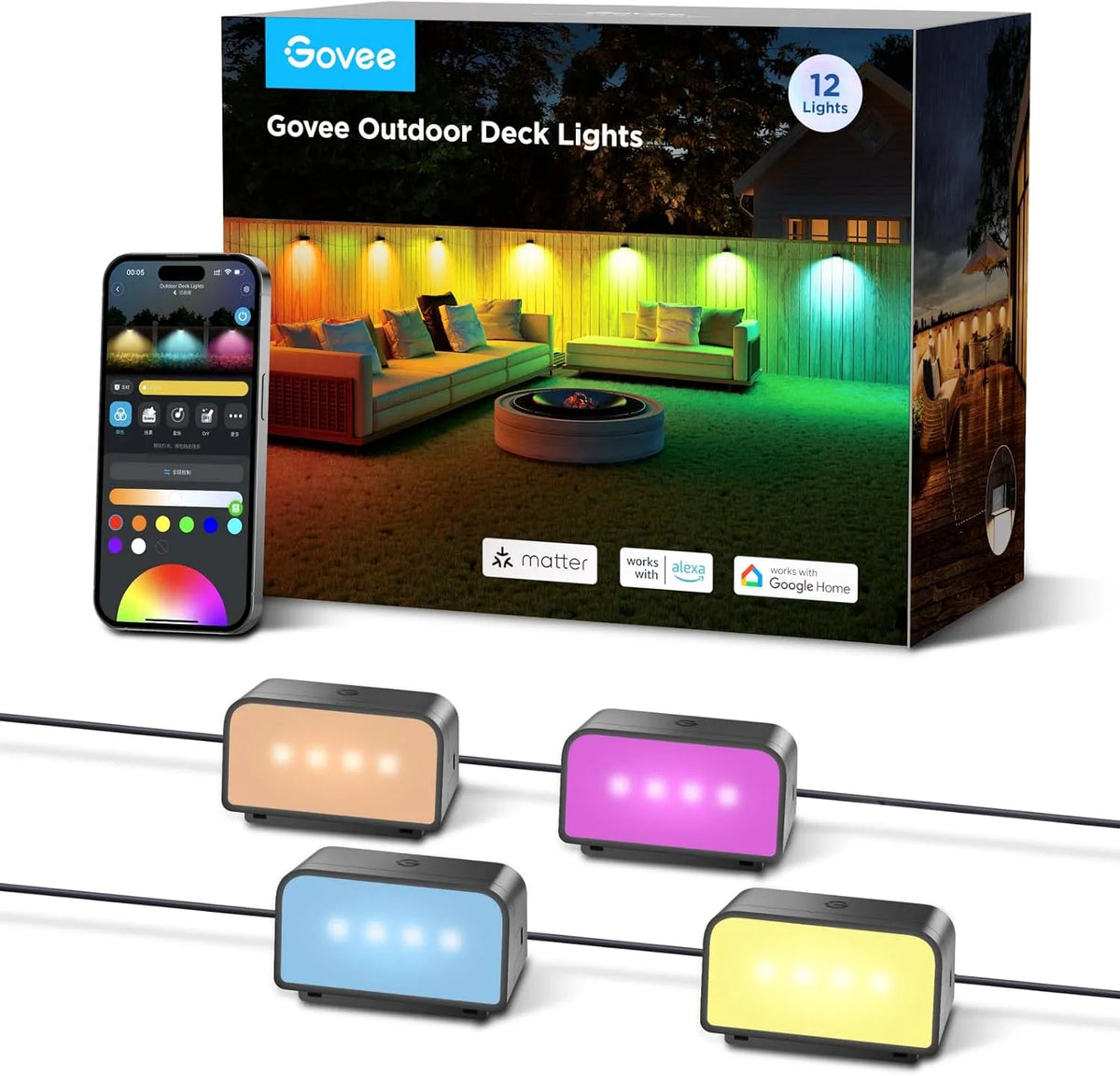 Wasserdicht,12 Stück 4000K IP65 Govee Outdoor, Zaun Wandleuchte Außen Funktioniert mit Matter und Alexa, RGBWIC Zaunleuchte mit in Weißem Licht