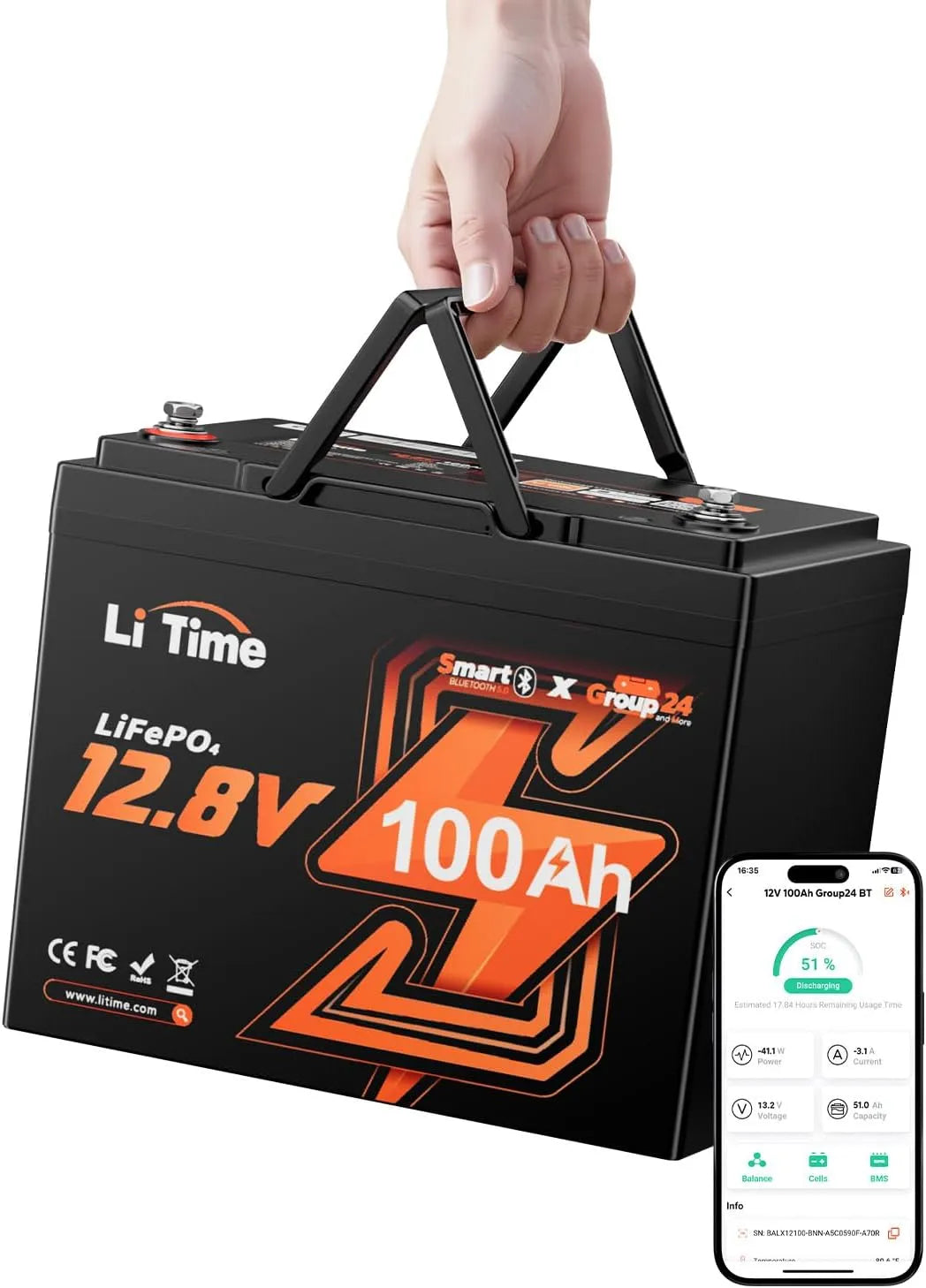LiTime 12V 100Ah Batterie Gruppe 24 Bluetooth LiFePO4 Max.15000, Lithium Batterie mit 100A BMS und Low-Temp-Schutz, 1280Wh, Zyklen, für Wohnmobile
