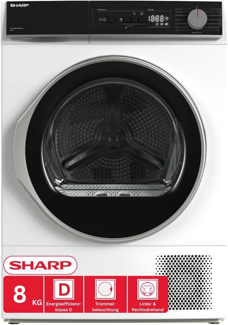 Sharp Wärmepumpentrockner KD-NHA8S6GW1D-DE, 15 Betriebsprogramme inklusive. BabyCare und Jeans, BubbleDrum, Trommelbeleuchtung, Gewicht 8 kg