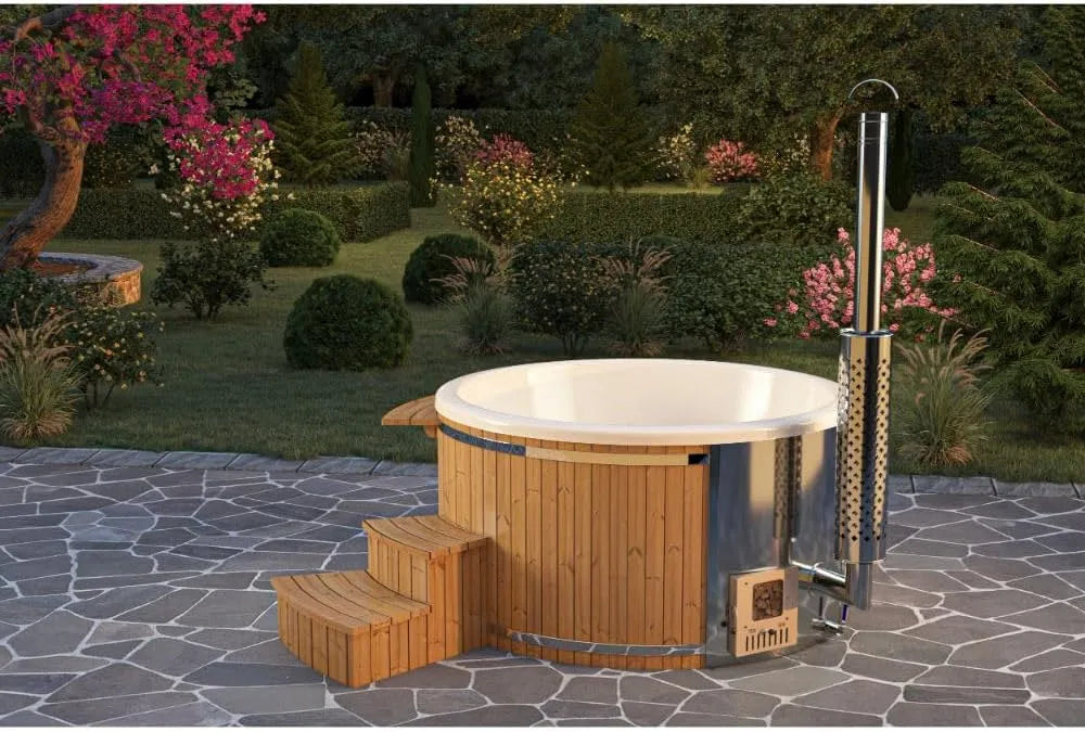 Stockholm aus Thermoholz Holz Badefass, Hot Tub Ø 180 cm, Leistung 30 kW, 8 Personen, inklusive. Edelstahl-Ofen, Minibar, Schwimmbecken, Badebottich