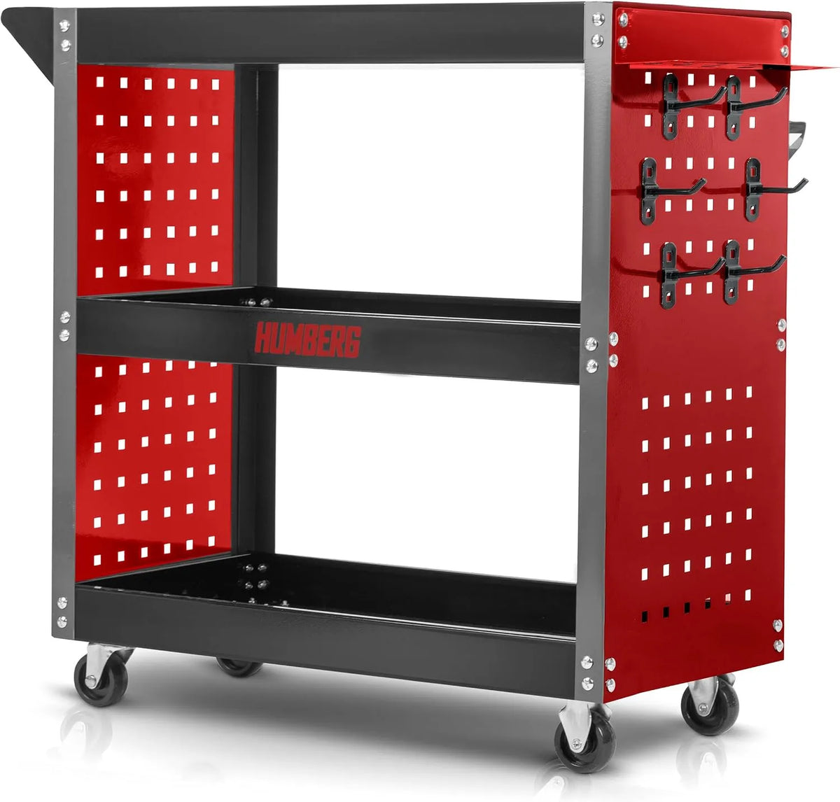 Garage Werkstatt Humberg Werkstattwagen, Tragkraft bis zu 300 kg, Maße 80 x 35 x 73 cm, 3 Ebenen mit 6 Haken, Stahl und Aluminium