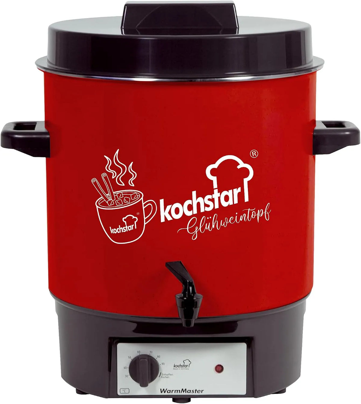 A Kochstar WarmMaster, Inhalt 27 Liter, 1800 Watt, Sonder-Edition X-Mas, Glühweintopf, mit geschlossenem Boden, mit Auslaufhahn, emailliert in Rot
