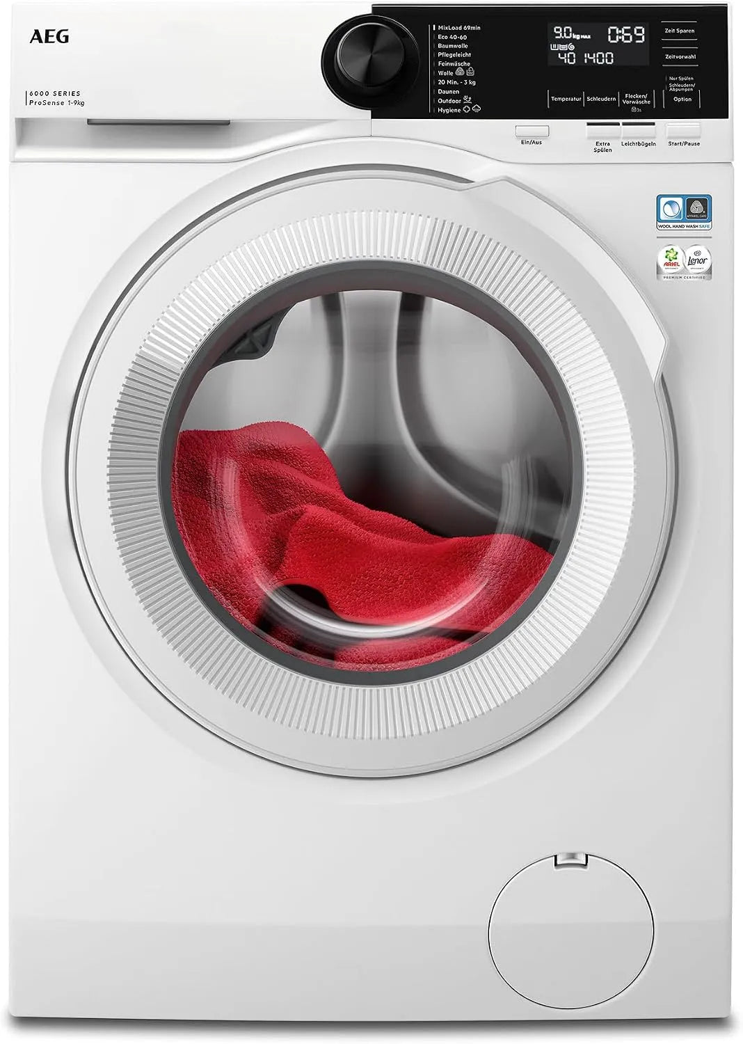 AEG Waschmaschine 6000 1400 LR6A65490, Gewicht 9 kg, Serie ProSense Mengenautomatik, Leise, Nachlegefunktion, Kindersicherung, Schontrommel/min