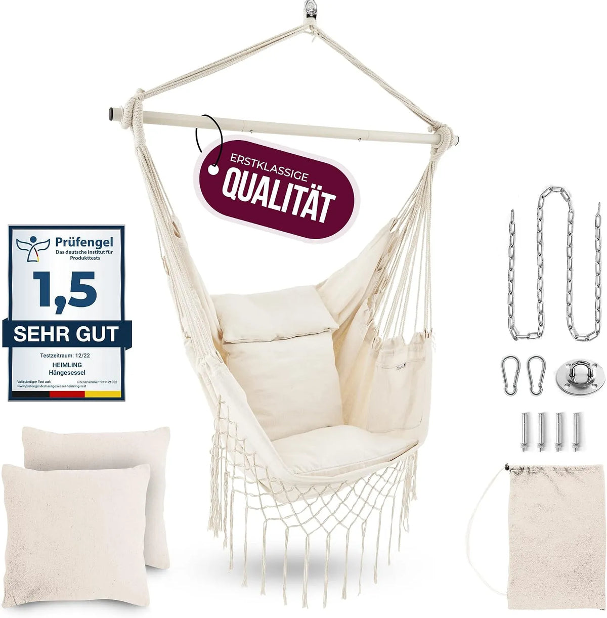 & Outdoor XXL Hängesessel Indoor, All Inclusive Paket mit Aufhängung + 3 Kissen, Hängematte Indoor Wohn- Schlafzimmer, Garten Balkon Terrasse