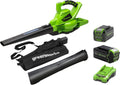 Greenworks Laubsauger GD40BVK2X, Laubbläser mit bürstenlosem Motor, Spannung 40V Akku, 370 km/h, 14.17 m³/min, Fassungsvermögen 45l Fangsack