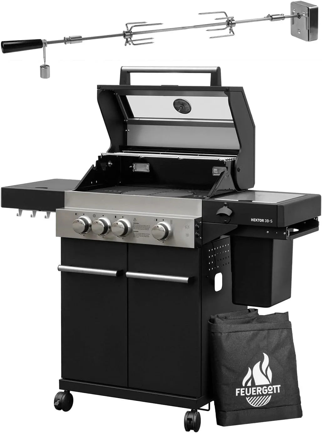 Gasgrill 3B-S, Hektor inklusive. Drehspieß und Abdeckhaube mit 3 Brennern, Sear-Brenner, Gusseisen-Grillrost, Seitenkocher