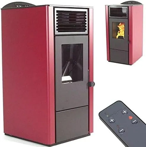 Kaminofen 56303, Pelletofen 9,5kW Pelletkamin Pelletheizung A+ Holzofen Glastür AWZ, in Schwarz, rot