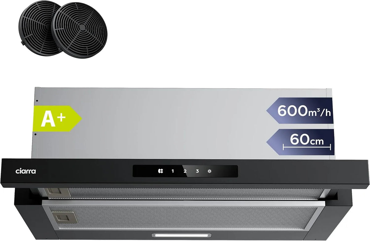 CIARRA Dunstabzugshaube CBCB6909A CBCF055, A+ 60 cm 600 m³/h Flachschirmhaube inklusive Aktivkohlefilter Touch-Bedienung