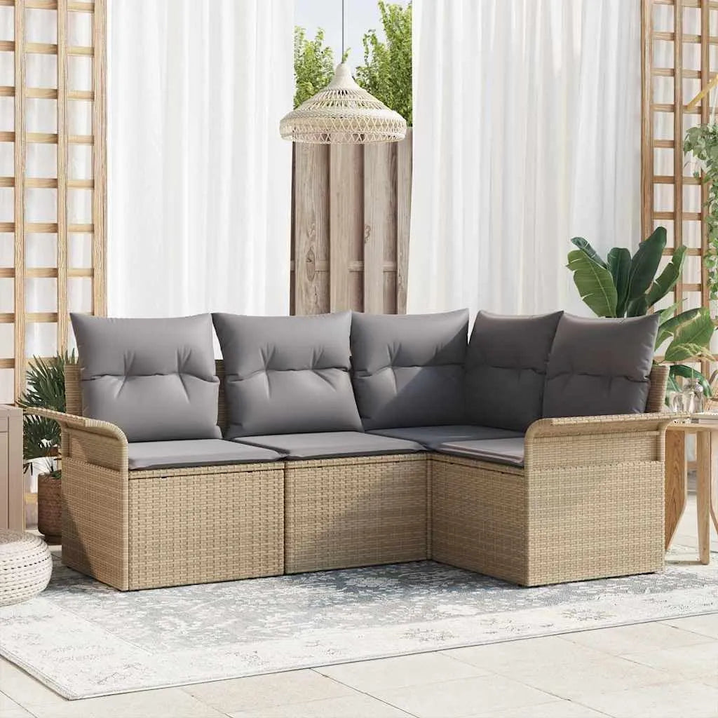 Tisch, 4-teilig mit Kissen, Modernes Gartensofa-Set Beige aus Poly-Rattan, Outdoor-Sofaset mit aus Sicherheitsglas
