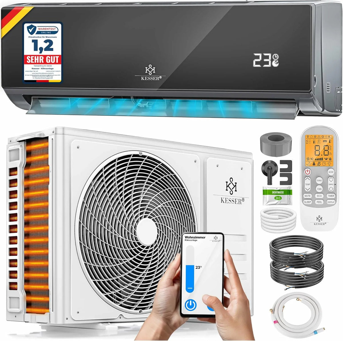Kesser Klimaanlage, Heizen A+ -12000 BTU, 3.400 Watt, Kältemittel R32, SET Split, App Funktion Klimagerät, mit WiFi, Kühlen A++, Sehr Leise
