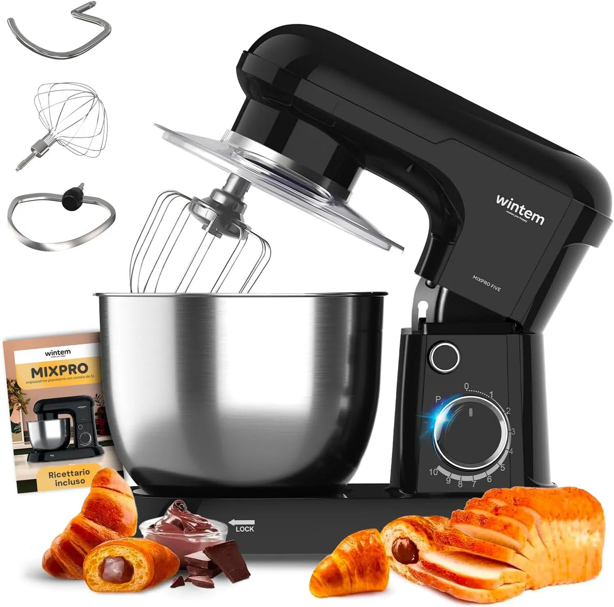 Küchenmaschine, 6 Geschwindigkeitsstufen + Pulse, Multifunktions leise, Avilia Knetmaschine Planetaria 1900 W mit Maxi-Schüssel 6,5 l, in Schwarz