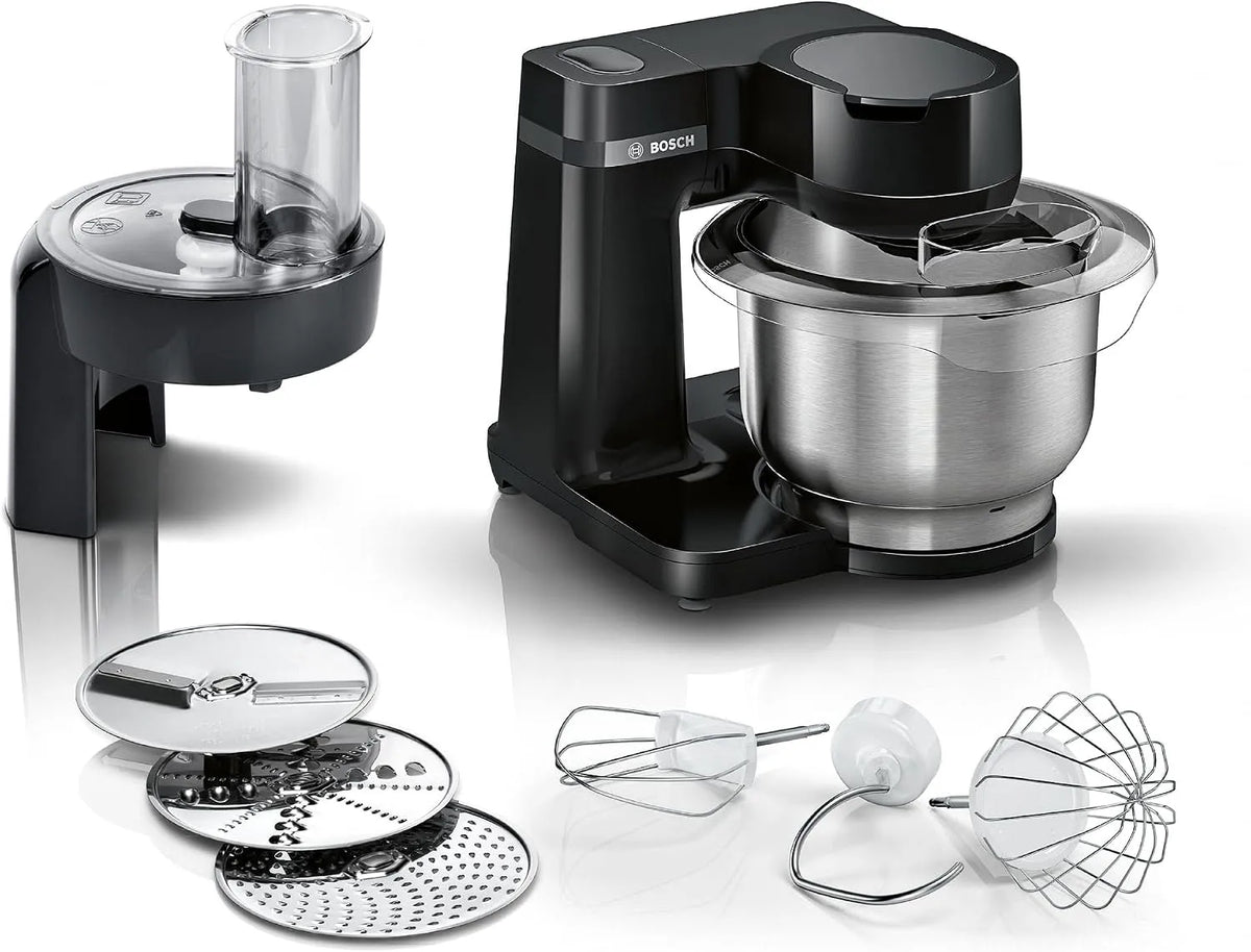 Bosch Küchenmaschine MUMS2EB01, Serie 2, kleine, Edelstahl-Schüssel 3,8 L, Leistung 700 W, 3 Scheiben, Planetenrührwerk, Knethaken, Schlag