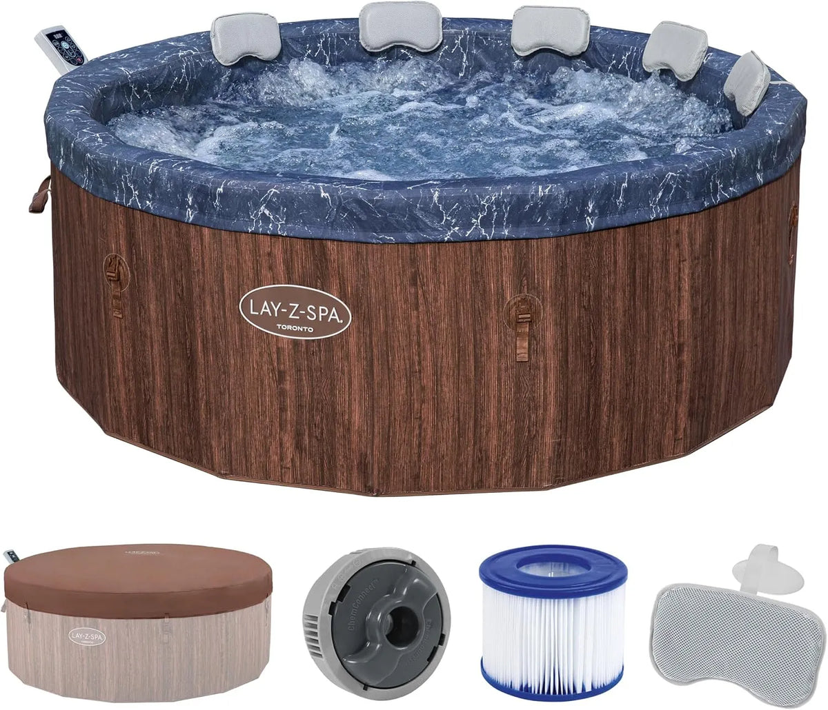 Bestway Whirlpool Lay-Z-SPA Toronto AirJet, 7 Personen, Energiesparend, Frostwächter, UltraFit-Pumpeneinheit, Palisander, Ø190x70cm, 180 AirJet-Düsen