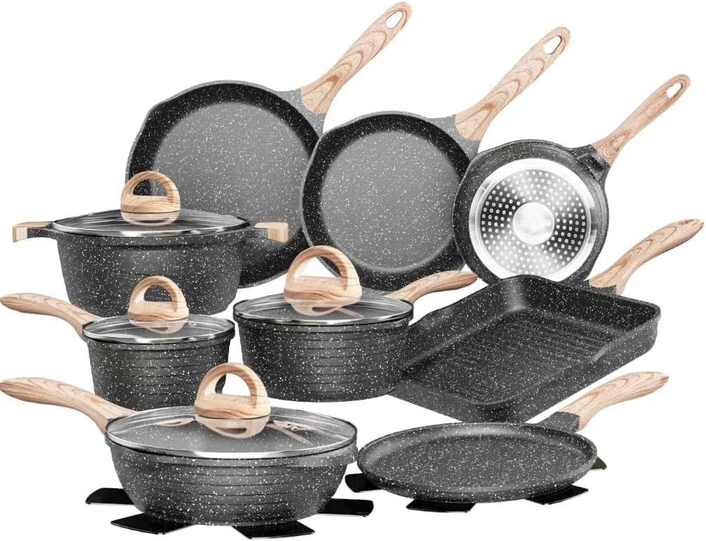 Kochtopf, Antihaft-Granit Topf und Pfannenset mit Glasdeckeln, Set Geeignet als Einzugsgeschenk, JEETEE Topfsets Pfannenset 23-Teilig, Farbe Grau