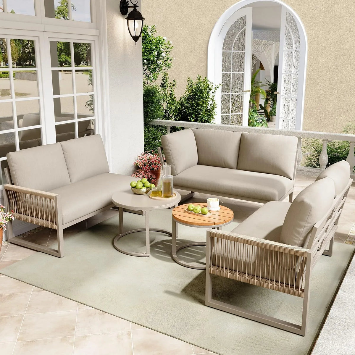 Garten-Lounge-Set, verstellbare Beine, Möbelset für 6-7 Personen, Ecksofa mit verzinktem Eisengestell, Beige, inklusive Sitz- und Rückenkissen