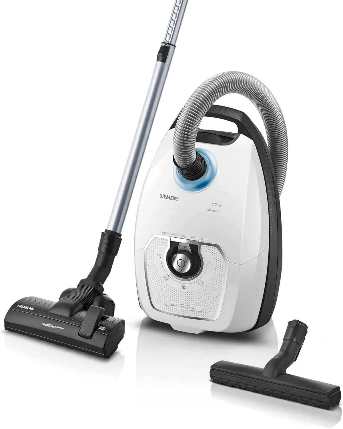 Siemens Staubsauger VSZ7442S, mit Beutel Z 7.0, Leistung 650 W, Hygiene-Filter Plus, ideal für Allergiker, extrem leise, Bodendüse für Parkett, weiß