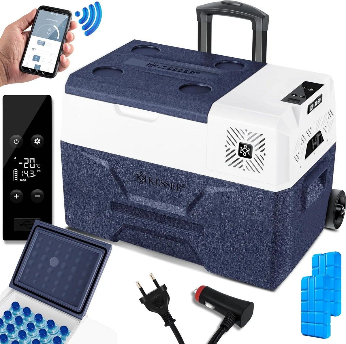 Kesser Kompressor, Fassungsvermögen 30 Liter Mit APP-Steuerung USB-Anschluss 12/24 V 230V, +Teleskopstange, Boot, Kühlbox elektrisch Gefrierbox, Lkw