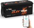 Modell LiTime 100Ah Lithium Batterie mit Bluetooth-Funktion und Low-Temp-Schutz LiFePO4 4000 Max.2560Wh, + Zyklen mit 100A BMS, Energie, ideal für RV