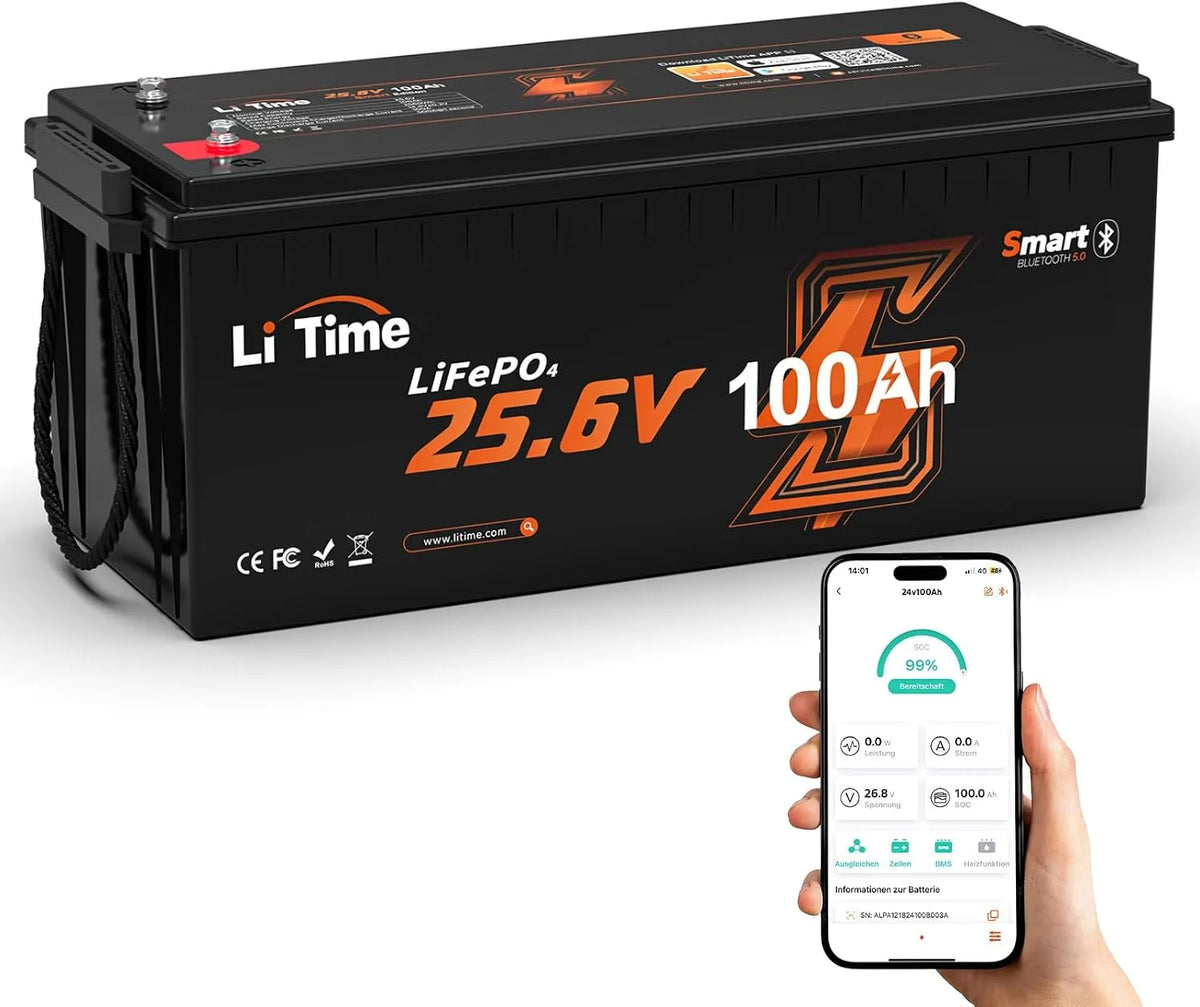 Modell LiTime 100Ah Lithium Batterie mit Bluetooth-Funktion und Low-Temp-Schutz LiFePO4 4000 Max.2560Wh, + Zyklen mit 100A BMS, Energie, ideal für RV