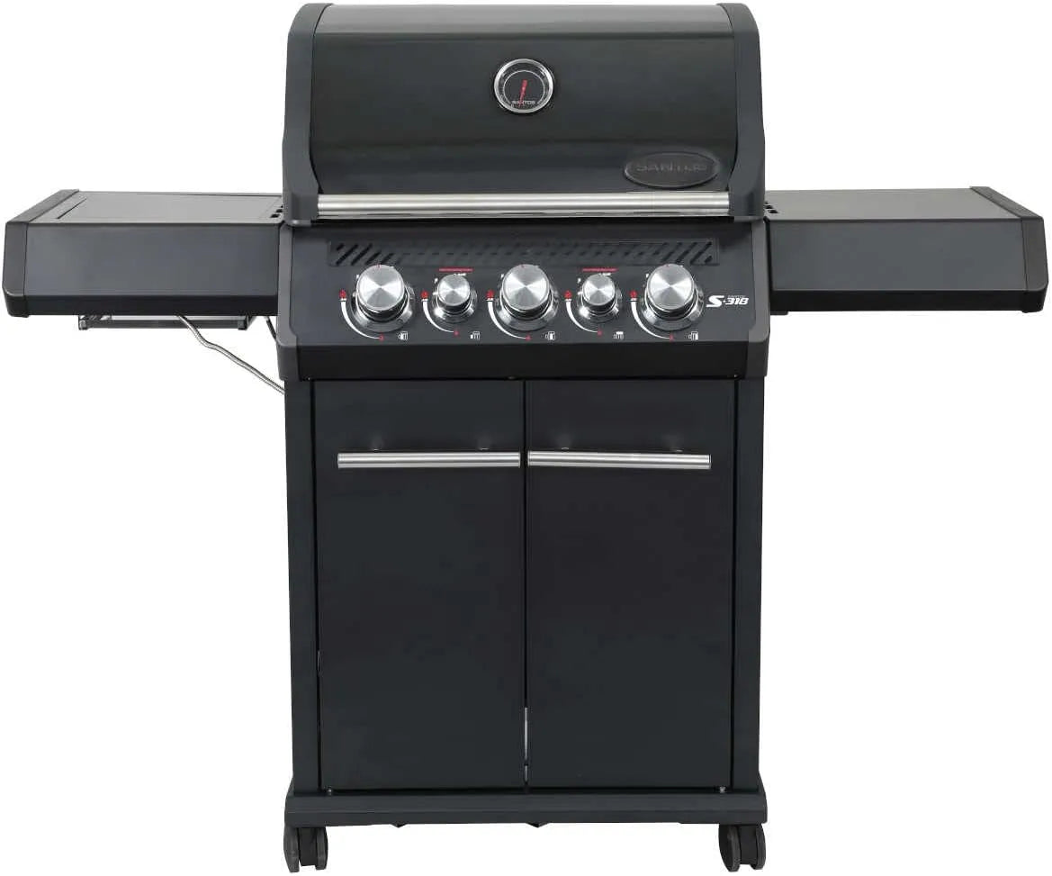 Gasgrill S-318-800 SANTOS, Grad Infrarot-Zone & Heckbrenner, ausziehbares Warmhalterost, inklusive. Drehspieß, Rostheber & Silikonablage, All Black