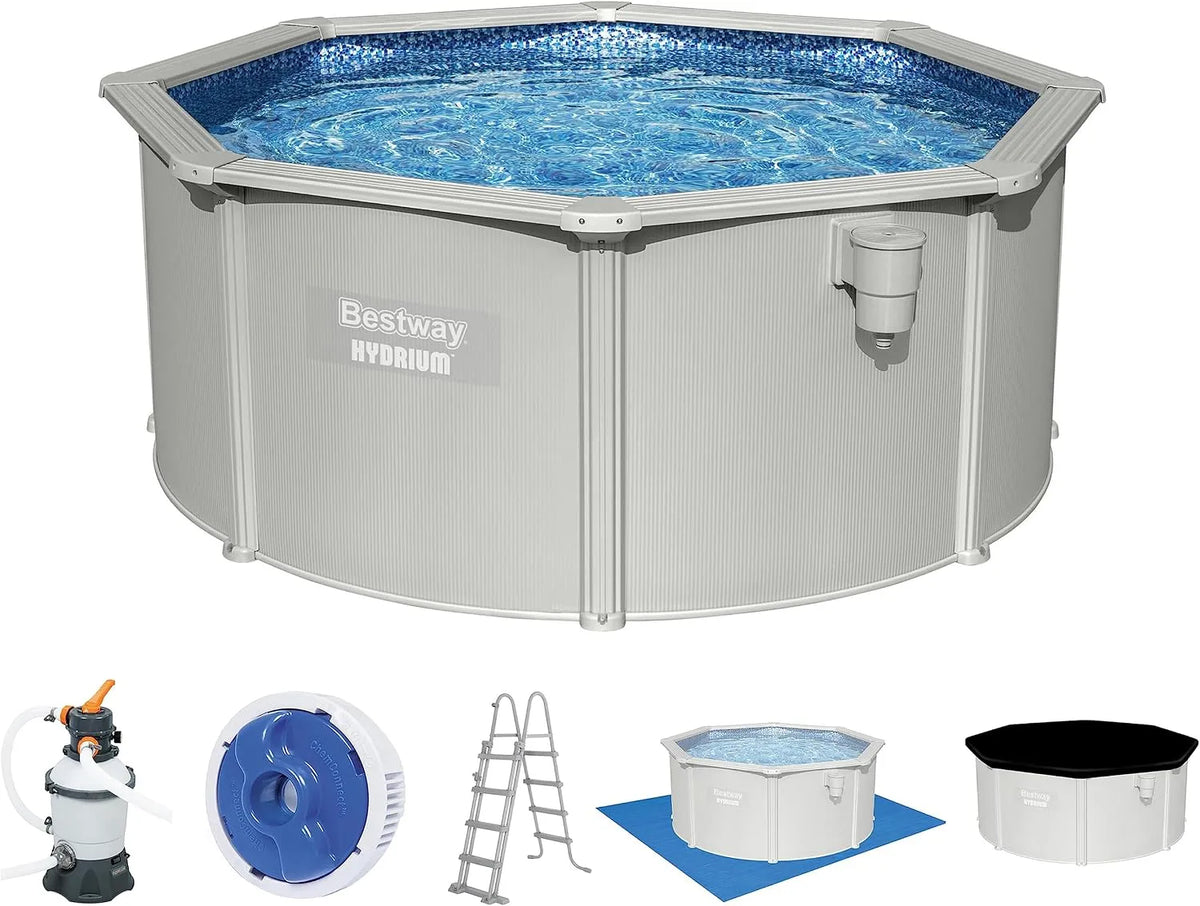 Bestway Pool, Hydrium Stahlwandpool Komplett-Set mit Sandfilteranlage Ø 300 x 120 cm, rund, Farbe Grau