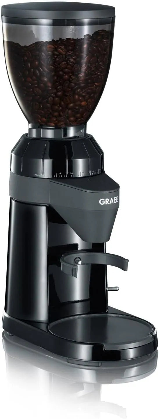 Kaffeemühle CM802 GRAEF - Elektrische, Bohnenbehälter 350 g, Aluminiumgehäuse, Siebträger, Aluminium-Schaufelrad, Leistung 128 W, 40 Mahlgrade