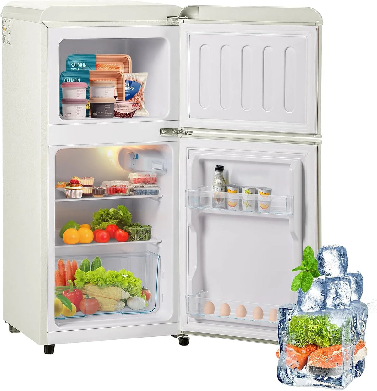 Kühlschrank Merax Retro, Fassungsvermögen 38 Liter Kühlfach,102 kWh, Fassungsvermögen 60L Mini mit Gefrierschrank, LED-Beleuchtung, Jahr, cremeweiß