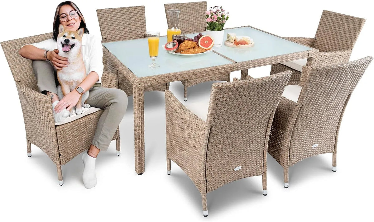 Tisch, mit Glasplatte + 6 Stühle, di volio Polyrattan Sitzgruppe Verona, Lounge Gartenmöbel-Set für Garten oder Terrasse