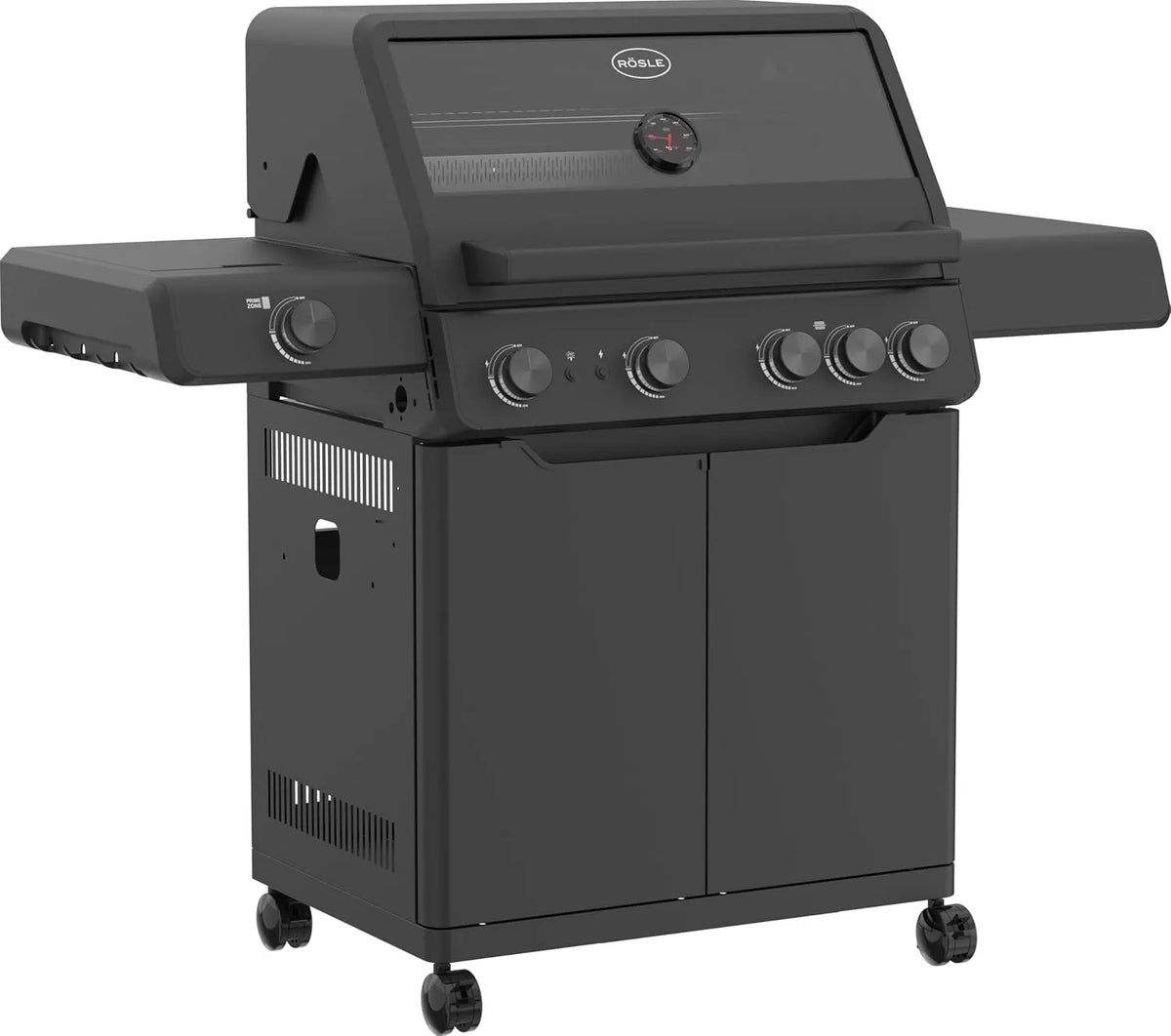 Gasgrill RÖSLE, ALLFLAME Hero 4, je 3,5 kW, 70x45 cm Grillfläche, 4 Brenner, PRIMEZONE, BACKBURNER, Gusseisenroste, Alu-Druckguss