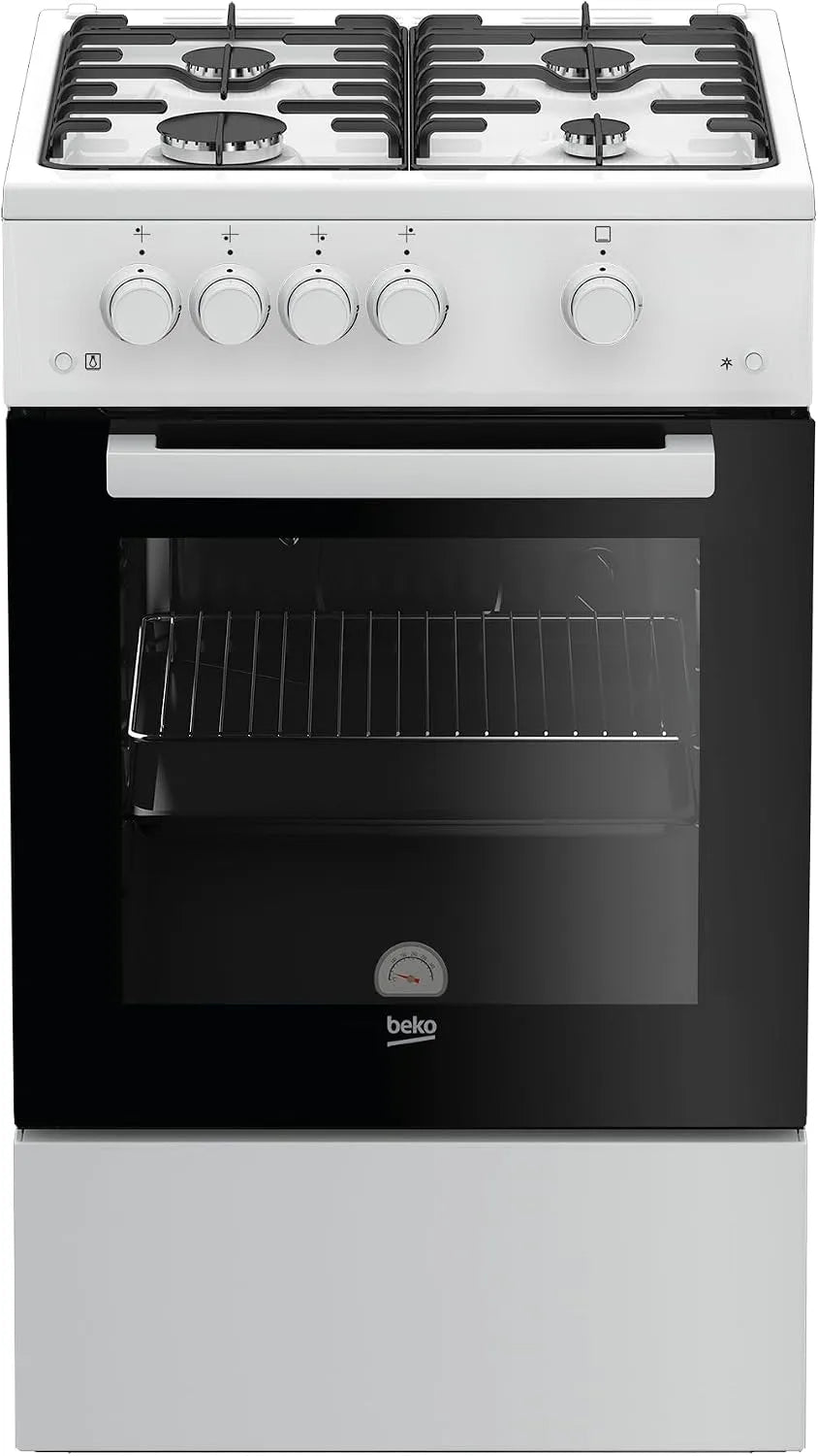 Beko Backofen FSG52010FW, Breite 50 cm, 4 Kochzonen, Freistehender Gasherd, Gasbackofen mit Gaskochfeld, herausnehmbares Innenglas, Weiß