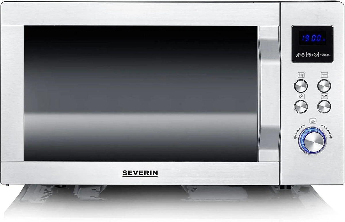 Severin Mikrowelle MW 7777, 3-in-1 mit Glasboden, Grill und Heißluftfunktion, mit großer Nutzfläche für eckiges Geschirr, Edelstahl, in Schwarz